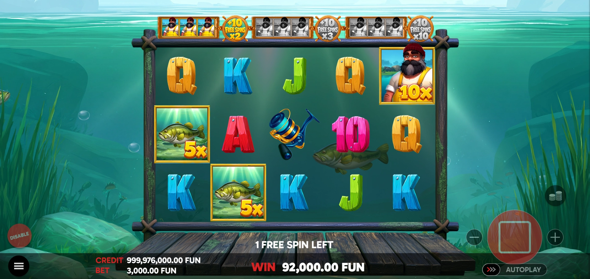 Free Spins feature screen for Bass Masters