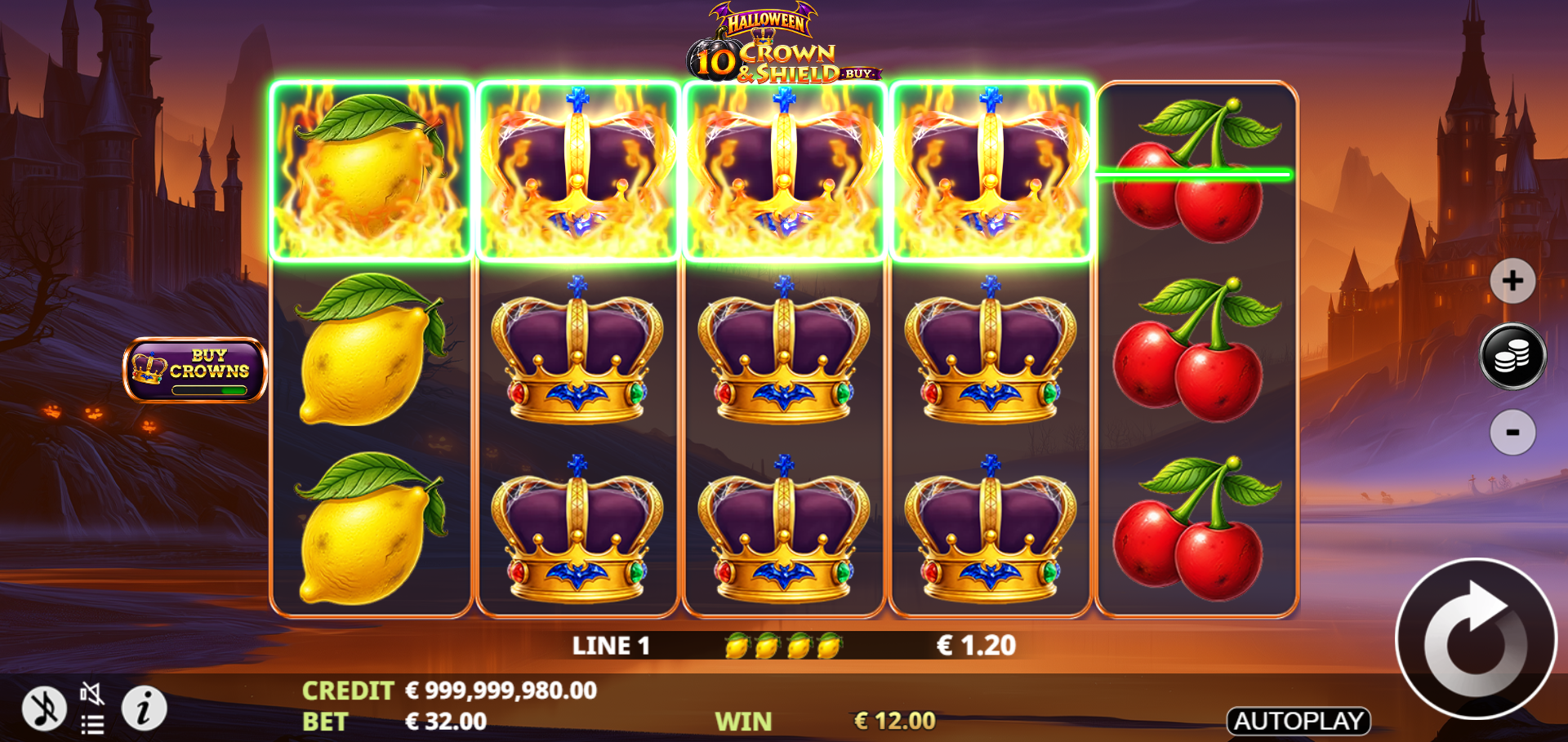 Royal Crown wilds expanded across reels 2, 3 and 4 in 10 Crown & Shield Buy Halloween