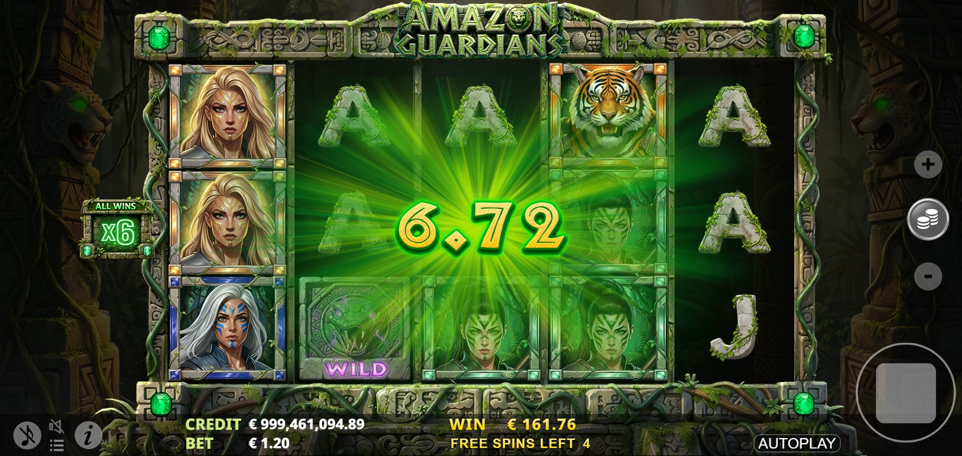 Multipliers, Free Spins and Buy Bonus feature screen for 30 Amazon Guardians
