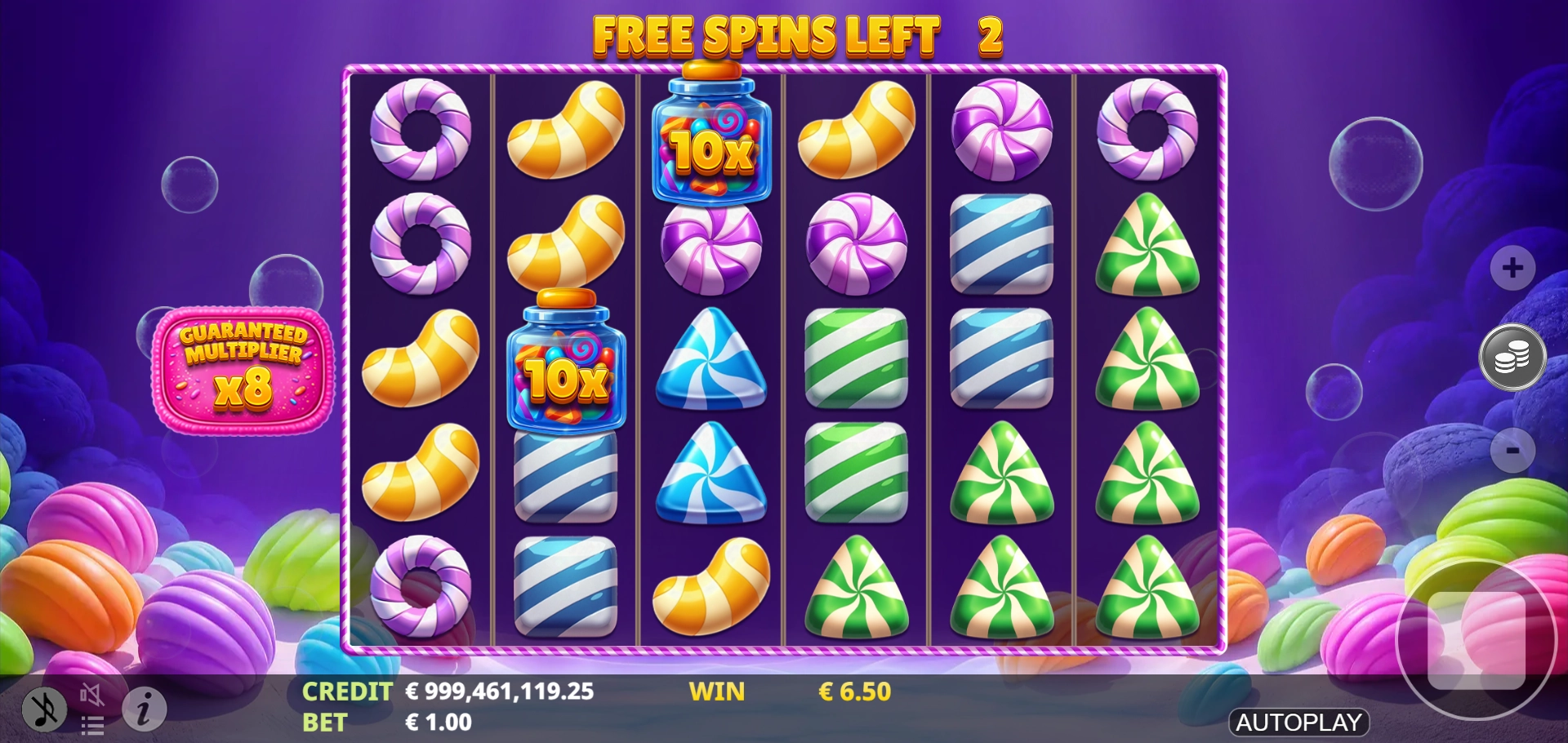 Multipliers, Free Spins and Buy Bonus feature screen for Sugar Cascade
